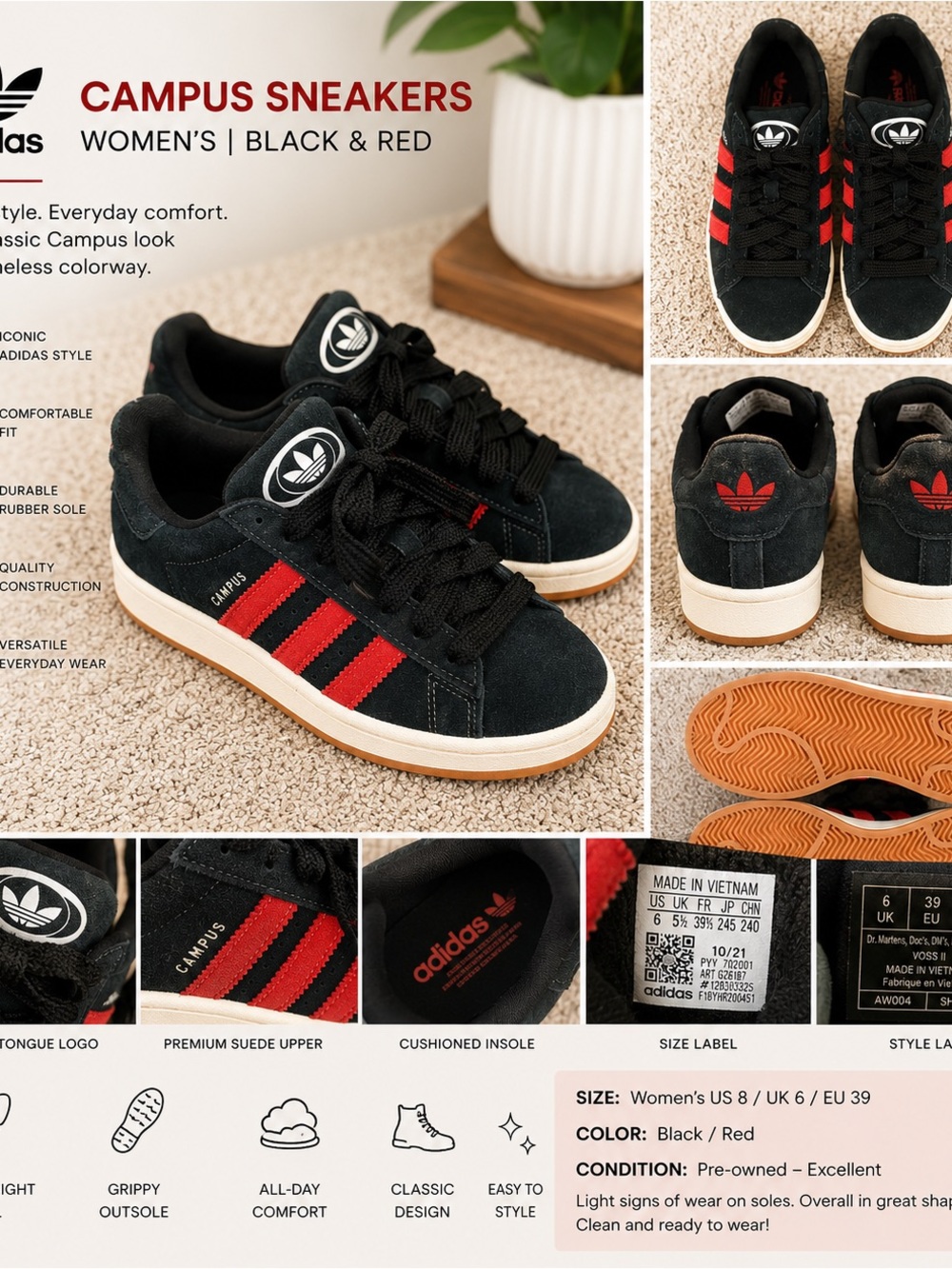 adidas Black & Red Campus Kids' Low-Top Sneakers